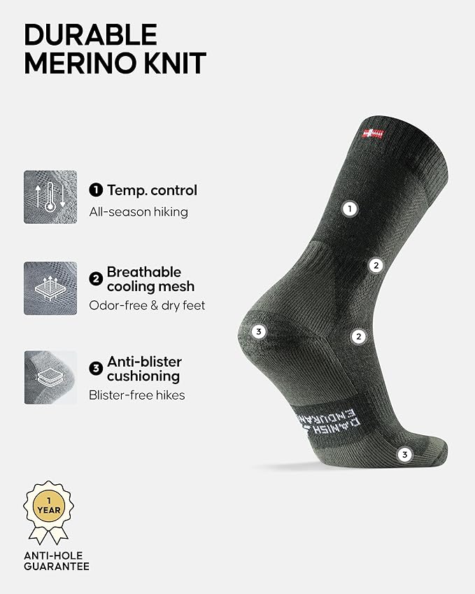 DANISH ENDURANCE Merino Wool Hiking Crew Socks for Men & Women, Cushioned Anti-Blister, Breathable - 3 Pairs