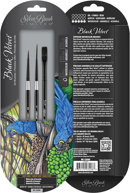 Silver Brush Limited WC-3208S Black Velvet Variety Set, Professional Premium Artist Paintbrushes for Watercolor, Gouache, Inks, & Dyes, Set of 3, Round, Script Liner, & Flat Wash Brushes, Short Handle