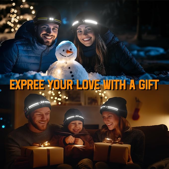 EGUKU Rechargeable Headlamp Beanie, 1200Lumens Bright Beanie with Light, 260°Wide Beam Unisex Hat Headlamp 14 Light Modes, Motion Sensor Hat with Red&Green Light 5oz Lightweight for Women Men