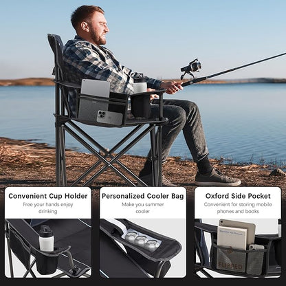 Oversized Folding Camping Chair for Adults - 450lbs Support - Heavy Duty Portable Lawn Chairs with Side Pocket Cup Holder Cooler Bag for Sports Garden Beach Fishing, Black