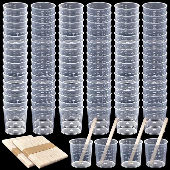 100 Pack 30ml/1oz Transparent Measuring Cups Reusable Clear Plastic Graduated Epoxy Mixing Cups with 100 Pack Wooden Stirring Sticks for Liquids Resin, Epoxy, Stain, Mixing Paint, School Labs