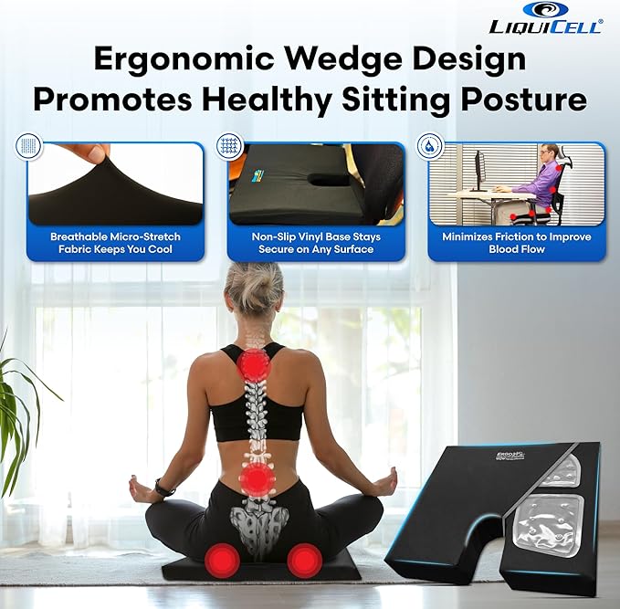 ERGO21 LiquiCell Coccyx Seat Cushion, Aid for Tailbone Pain Relief, Sciatica Pain, Back Support | Donut Like Butt Pillow for Long Hours Sitting at Home/Office Chair (18W x 17L x 2.5H)