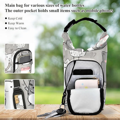 Grey Cat Water Bottle Holder with Strap Insulated Water Bottle Carrier Crossbody Bags Pouch with Phone Pocket for Travel Gym Hiking Walking Running