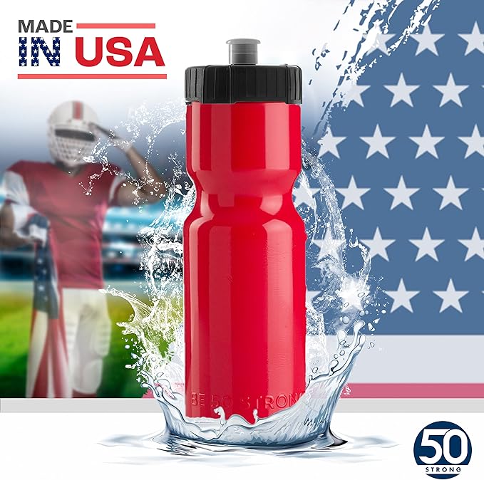 50 Strong Bulk Water Bottles | 24 Pack Sports Bottle | 22 oz. BPA-Free Easy Open with Pull Top Cap | Made in USA | Reusable Plastic Water Bottles for Adults & Kids | Top Rack Dishwasher Safe