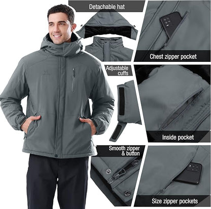 CAMELSPORTS Mens Winter Jacket Waterproof Warm Snow Ski Jackets Faux Fur Fleece Rain Coats with Removable Hood