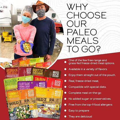 Wild Zora Paleo Freeze Dried Meals for Backpacking & Camping - Healthy Gluten Free & Grain Free Camping Meals/Backpacking Food + No Added Sugar - Includes Breakfast & Dinner Options (Variety 7-pack)