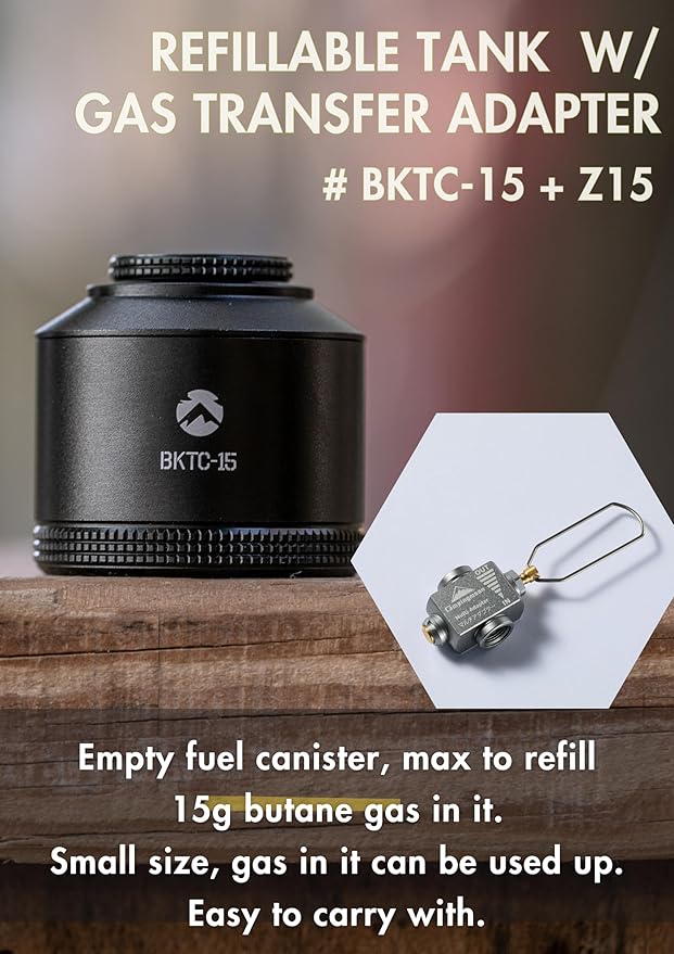 CAMPINGMOON Refillable Gas Canister Empty Pocket Tank for Gas Lantern Backpacking Camping 15g w/ Gas Transfer Adapter Z15 Black BKTC-15/Z15