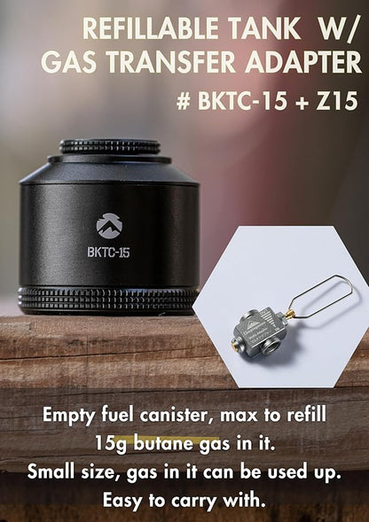 CAMPINGMOON Refillable Gas Canister Empty Pocket Tank for Gas Lantern Backpacking Camping 15g w/ Gas Transfer Adapter Z15 Black BKTC-15/Z15