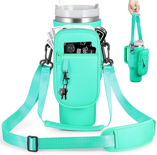 Water Bottle Carrier Bag with Phone Pocket for Stanley 40 & 30 oz Tumbler with Handle,Pink Insulated Neoprene Cup Holder Pouch w/Adjustable Strap for Quencher H2.0 Stanley Cup Accessories