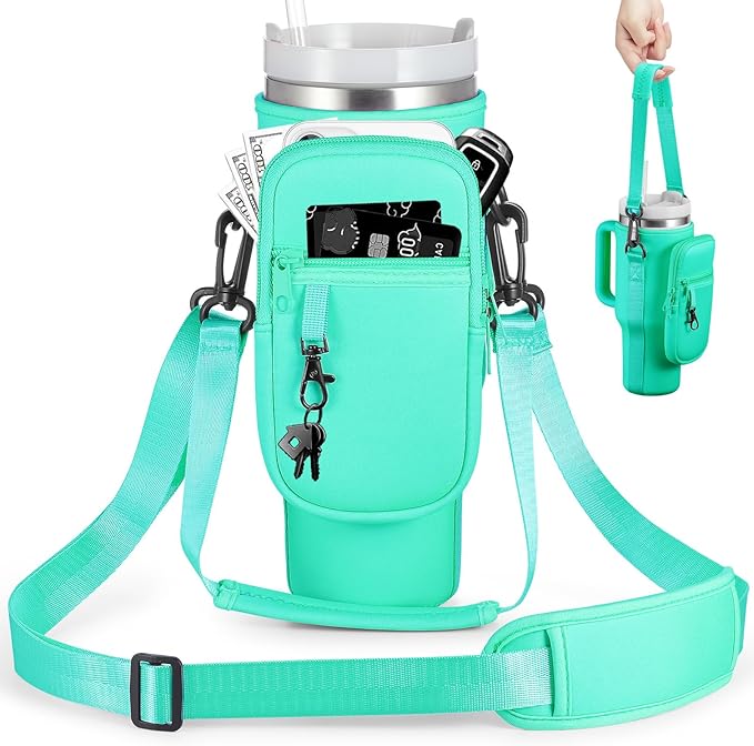 Water Bottle Carrier Bag with Phone Pocket for Stanley 40 & 30 oz Tumbler with Handle,Pink Insulated Neoprene Cup Holder Pouch w/Adjustable Strap for Quencher H2.0 Stanley Cup Accessories