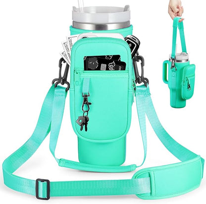 Water Bottle Carrier Bag with Phone Pocket for Stanley 40 & 30 oz Tumbler with Handle,Pink Insulated Neoprene Cup Holder Pouch w/Adjustable Strap for Quencher H2.0 Stanley Cup Accessories