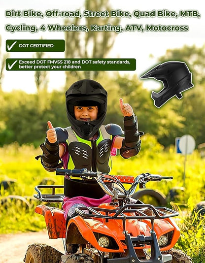 SLMOTO Youth ATV Helmet DOT Youth Kids Motocross Offroad Street Dirt Bike Helmet Motorcycle ATV Full Face Helmet with Goggles Gloves, Matte Black Medium