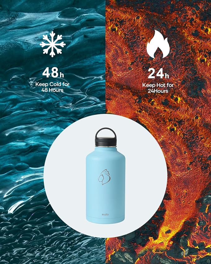 BUZIO 64 oz Water Bottle Insulated with Straw & 3 lid and Carrying Pouch, Leak Proof Half Gallon Stainless Steel Water Flask Jug, Cold for 48 Hrs Double Vacuum Thermo Canteen, BPA-Free, Blue
