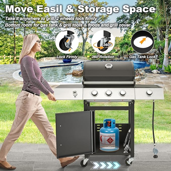 MELLCOM Upgraded 36,000 BTU Stainless Steel Burner Propane Grill, 3 Burner BBQ Barbecue Gas Grill with Cast Iron Grates & Side Stove for Patio, Camping, Outdoor Cooking