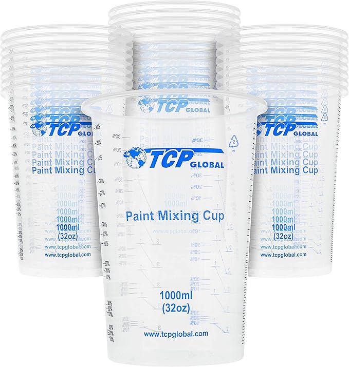TCP Global 32 oz. (1000ml) Graduated Plastic Mixing Cups (Box of 25) - Disposable Plastic Measuring Cups for Liquids, Paints, Resin, Epoxy, Art, Kitchen - Ratios 2-1, 3-1, 4-1 ML