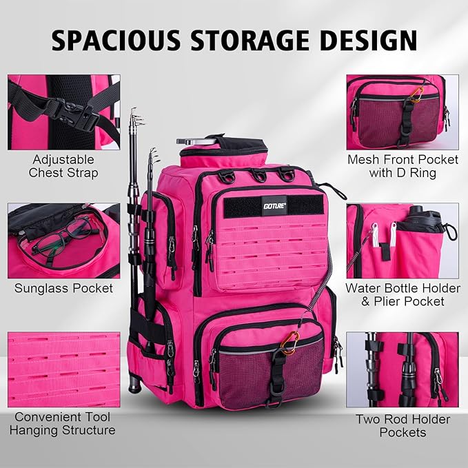 Goture Fishing Backpack, 900D Water-Resistant Tackle Backpack with Rod Holders, 45L Large Fishing Bag Storage Gear Tackle Bag with 8 Lure Pockets, Rain Cover for Camping Hiking(Without Tackle Box)