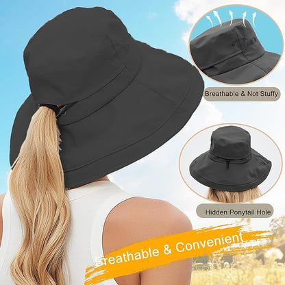 Sun Hats for Women Men UV Protection Wide Brim Bucket Hat with Ponytail Hole Waterproof Gardening Fold-Up Summer Cap