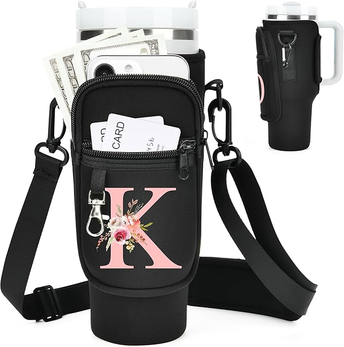 Initial Water Bottle Holder with Strap for Stanley 40 oz Tumbler/Simple Modern 40 oz Tumbler,Water Bottle Carrier Bag with Strap,Personalized A-Z Phone Pocket for Stanley Cup Accessories