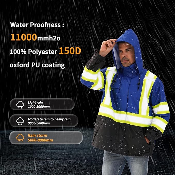 Reflective Rain jackets for men waterproof,Hi Vis Safety Coat With Reflective Strips，High Visibility Class 3 Rain jackets With 2 large pockets,Zipper,Blue,LG/XL