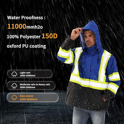 Reflective Rain jackets for men waterproof,Hi Vis Safety Coat With Reflective Strips，High Visibility Class 3 Rain jackets With 2 large pockets,Zipper,Blue,LG/XL