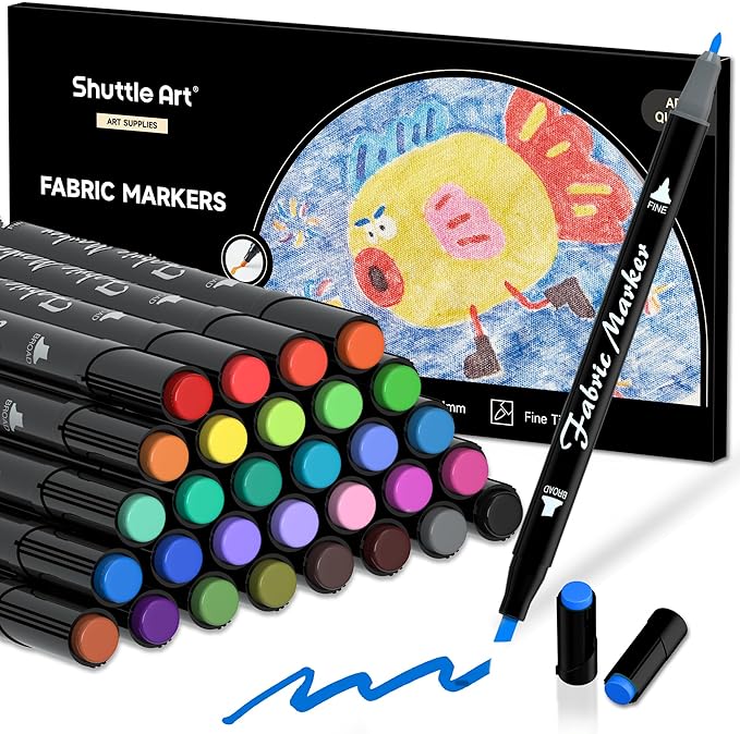 Shuttle Art Fabric Markers Pens, 30 Colors Dual Tip Fabric Marker Permanent No Bleed Markers for T-Shirts Sneakers, Non-Toxic & Child Safe Permanent Fabric Pens for Kids Adult Painting Writing