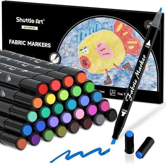 Shuttle Art Fabric Markers Pens, 30 Colors Dual Tip Fabric Marker Permanent No Bleed Markers for T-Shirts Sneakers, Non-Toxic & Child Safe Permanent Fabric Pens for Kids Adult Painting Writing