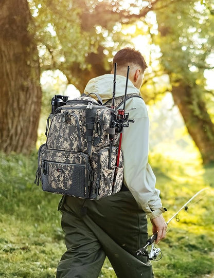 Piscifun Fishing Backpack with 2 Rod Holders & 4 Tackle Boxes, Large Tackle Storage Bag With Rain Cover for Fishing Gear