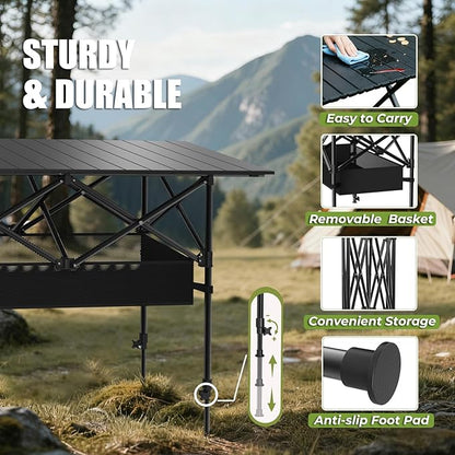 Camping Table Portable, Folding Roll-Up Picnic Table with Carry Bag & Detachable Storage Pockets, Lightweight Outdoor Table for Camping, Beach, Backyard, Party, BBQ, Patio