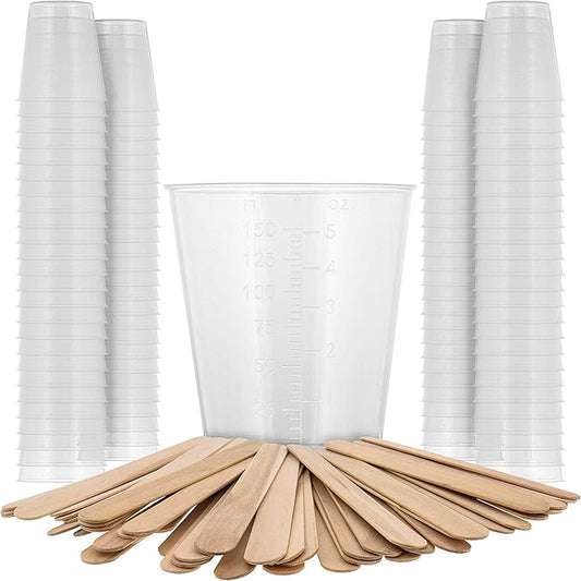 Pouring Masters 5 Oz (150 ml) Liquid Measuring Cups - Plastic Graduated Cup (100 Pack) with 25 Sticks - Reusable Mixing Cups for Paint, Craft, Kitchen, Lab, Medical Supplies, Epoxy Resin, Art