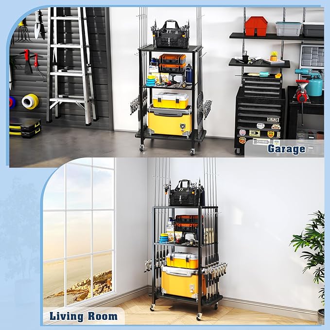 TC-HOMENY Fishing Rod Holder for Garage, Fishing Pole Rack Cart 10 Rod Fit All Fishing Rods, 3 Tier Fishing Tackle Storage Organizer Rack with Storage Bag, Fit For Living Room, Black