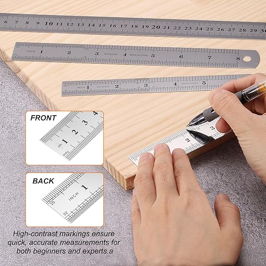 HARFINGTON Steel Ruler 12" x1-1/32 Machinist Metal Ruler Carbon Steel Metric Straight Edge Measuring Tools 0.3mm Thick for Engineering Architect Drawing Home Office