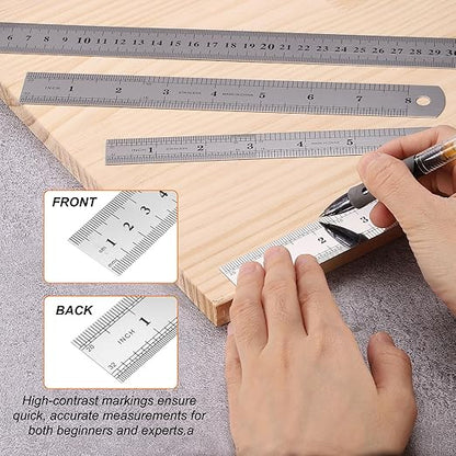 HARFINGTON 2 Pcs Steel Ruler 6"/12" Machinist Metal Ruler Carbon Steel Metric Straight Edge Measuring Tools 0.4mm Thick for Engineering Architect Drawing Home Office