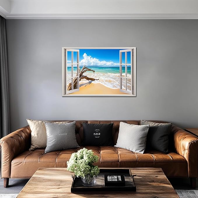 ANRUOXI Beach Pictures Wall Art Decor for Living Room, Blue Ocean Painting Decor for Bedroom, White Window Frame Style Broken Tree Canvas Wall Decor, Coastal Landscape Artwork for Office 28x40 Inch