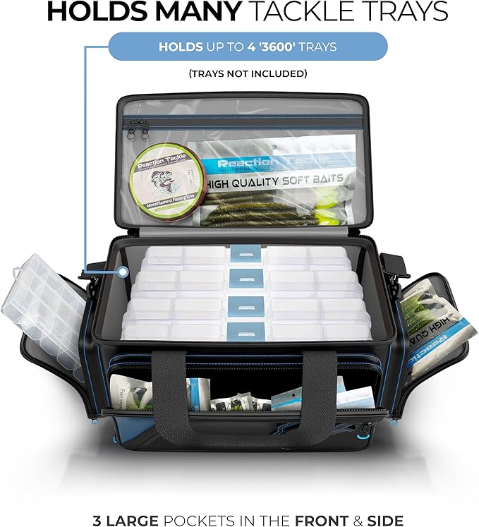 Reaction Tackle Fishing Tackle Bag – Salt Water Resistant Fishing Bag, 1000D PVC Waterproof Material, Tackle Box Organizer with Dividers for 3600 or 3700 Trays (Small, Medium, Backpack only fit 3600)