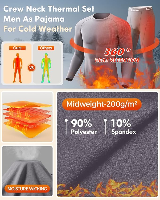 CL convallaria Thermal Underwear for Men Long Johns Fleece Lined Hunting Gear Set Base Layer for Cold Weather XS-4XL