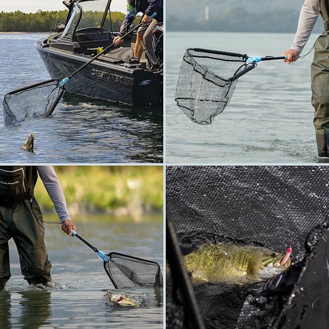 Calamus Triangle Fishing Net, Foldable, Lightweight & Strong Landing Net with Non-Slip Elastomer Handle, Built-in Elastic Lanyard and Belt Clip, Fishing Gear - Gift for Men