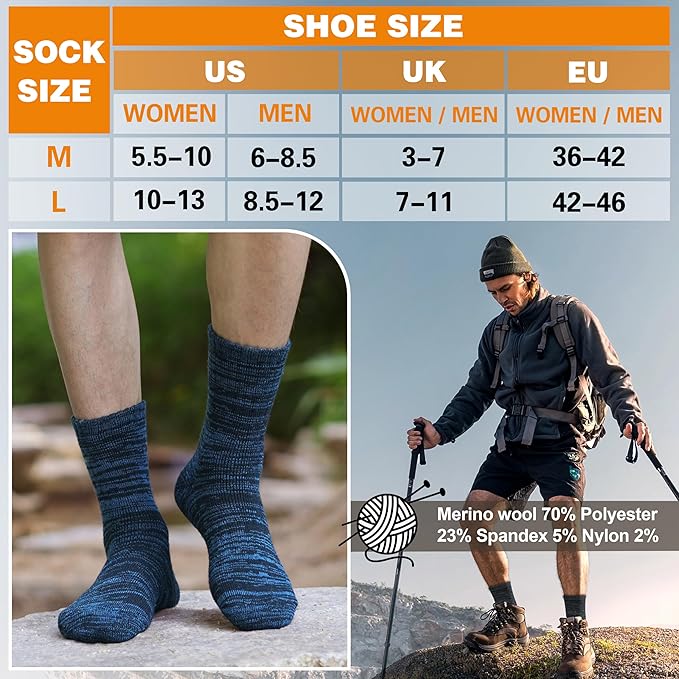 EBMORE Merino Wool Thermal Warm Socks Thick Winter Hiking Cozy Crew Comfy Cushioning Socks 4 Pairs for Women Men