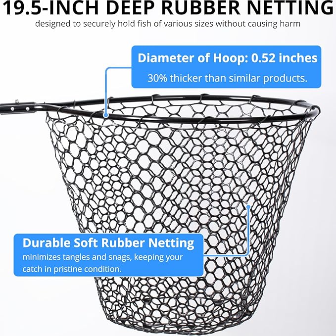 High Strength Large Landing Net - Fishing Net with Long Telescoping Handle and Soft Rubber Netting, Dip Net for Fishing, Ideal for Boat, Pier, River Angling