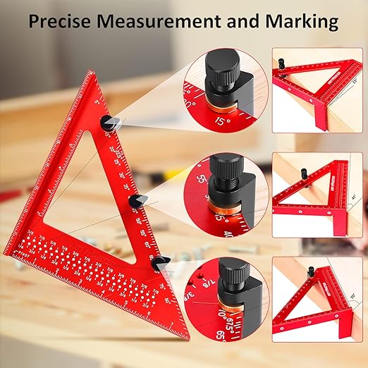8 inch 3D Multi-Angle Measuring Square Ruler, WT103C High Precision Hole Scribing Woodworking Tools, 0-90° Aluminum Alloy Carpenter Square with Stair Gauges, Carpenter Pencils 6 Refills.