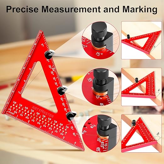 7 inch Carpenter Square, 1/16" Precision Hole Scribing Square Tools, 0-90° Aluminum Alloy Rafter Square, Woodworking Square with Stair Gauge & Carpenter Pencils 12 Refills AM13F