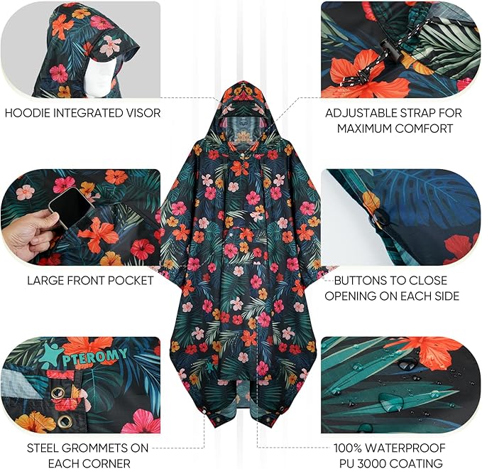 PTEROMY Hooded Rain Poncho for Adult with Pocket, Waterproof Lightweight Unisex Raincoat for Hiking Camping Emergency