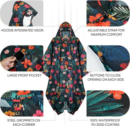 PTEROMY Hooded Rain Poncho for Adult with Pocket, Waterproof Lightweight Unisex Raincoat for Hiking Camping Emergency