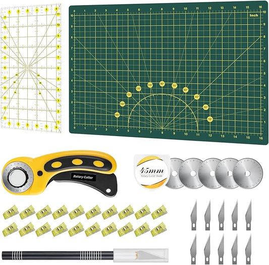 Headley Tools Rotary Cutter Set - 45mm Fabric Cutter, 5 Extra Rotary Blades, A3 Cutting Mat, Quilting Ruler and Sewing Clips, Craft Knife Set, Ideal for Crafting, Sewing, Scrapbooking, Patchworking