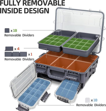 RUNCL Universal Fishing Tackle Box with Two Small Tackle Tray, Removal Inside Design Waterproof Trunk Storage Box, Thicker Floating Airtight Stowaway, Xmas Surprise Fishing Gifts for Men Women