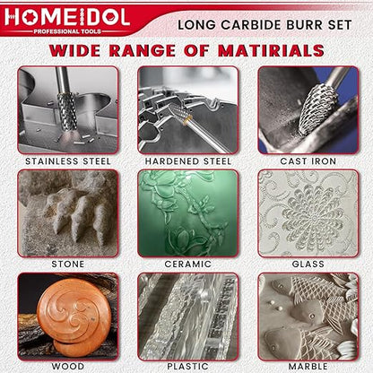 10Pcs Long Carbide Burr Set 1/4" Shank Die Grinder Bits, HOMEIDOL 4"(100mm) Long Rotary Files Tungsten Carbide Rotary Burr Set, Carbide Drill Bits for Metal Stone Wood Carving Engraving Deburring
