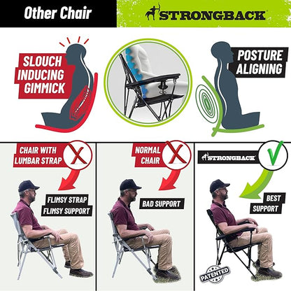 STRONGBACK Elite Folding Camping Lawn Lounge Chair Heavy Duty Camp Outdoor Seat with Lumbar Support and Portable Carry Bag - Lime/Grey