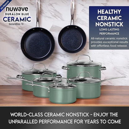 Nuwave Healthy Duralon Blue Ceramic Nonstick Cookware Set, Diamond Infused Scratch-Resistant, PFAS Free, Dishwasher & Oven Safe, Induction Ready & Evenly Heats, Tempered Glass Lids & Stay-Cool Handles
