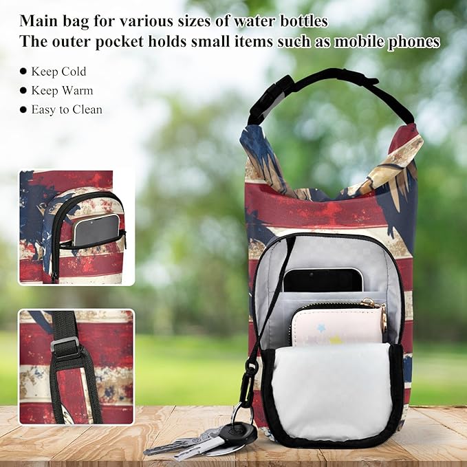 Blue and Red Eagle and Flag Water Bottle Holder with Strap Insulated Water Bottle Carrier Crossbody Bags Pouch with Phone Pocket for Travel Gym Hiking Walking Running