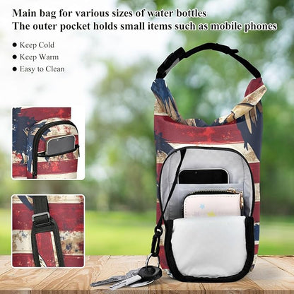 Blue and Red Eagle and Flag Water Bottle Holder with Strap Insulated Water Bottle Carrier Crossbody Bags Pouch with Phone Pocket for Travel Gym Hiking Walking Running