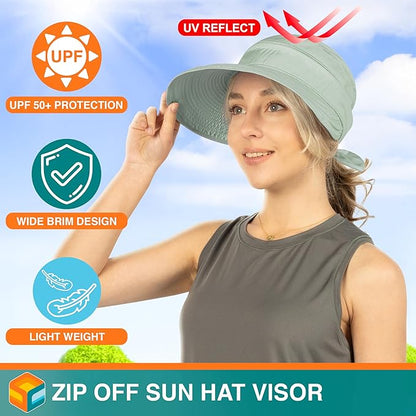 SUN CUBE Women Sun Hat for Outdoor UV Protection, Wide Brim Sun Hat Ponytail, Convertible Zip-Off Beach Hat Visor